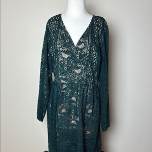 Xhilaration Forest Green Lace Long Sleeve Lined Side Zip Dress Size XL